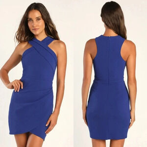 Lulu's Headed to Cocktail Hour Royal Blue Halter Tulip Mini Dress Wedding Party